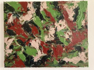 Textured Camouflage Pattern — painting; built up in heavy, tactile impasto; in oil on canvas — detail, close-up of surface texture