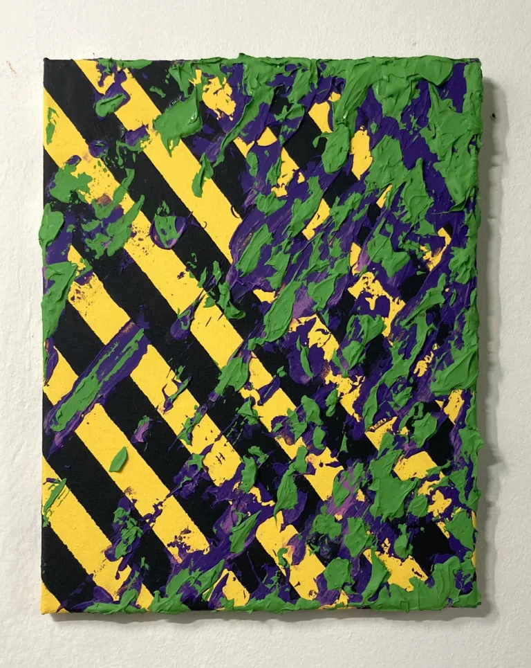 Textured Green And Purple Goop On Black And Yellow Stripes Abstraction — painting; built up in heavy, tactile impasto