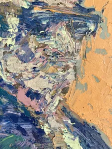 Textured Portrait Of A Banal Devil In Sunglasses — painting; built up in heavy, tactile impasto; in oil on canvas — detail 1 of 2, close-up of surface texture