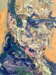 Textured Portrait Of A Banal Devil In Sunglasses — painting; built up in heavy, tactile impasto; in oil on canvas — detail 2 of 2, close-up of surface texture