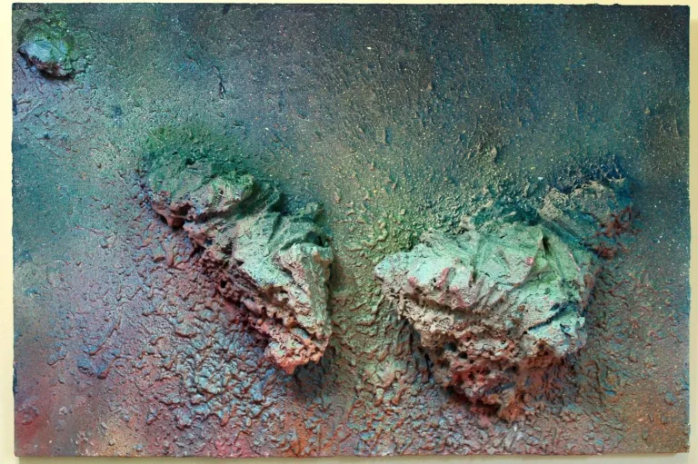 The Fall — painted relief; built up in heavy, tactile impasto; in spray paint; green and pink tones