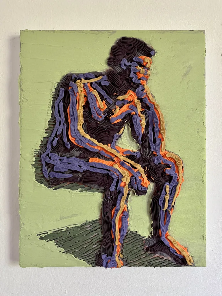 The Thinker In Tactile Squeeze Orange Purple And Yellow — painting; of a portrait; in acrylic on canvas; green tones