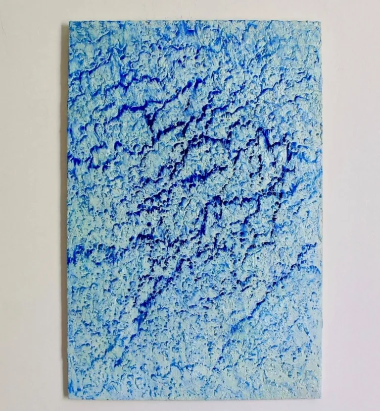 Tiger Leaping Gorge — painting; of a landscape; built up in heavy, tactile impasto; in oil on canvas; blue tones