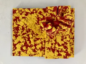 Tongues As Of Fire — sculpture; of a single figure; assembled from found and repurposed material; in oil on canvas — detail 1 of 5, close-up of surface texture
