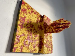 Tongues As Of Fire — sculpture; of a single figure; assembled from found and repurposed material; in oil on canvas — detail 2 of 5, close-up of surface texture