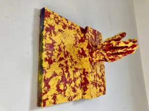 Tongues As Of Fire — sculpture; of a single figure; assembled from found and repurposed material; in oil on canvas — detail 4 of 5, close-up of surface texture