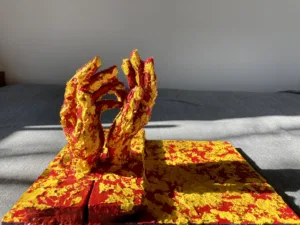 Tongues As Of Fire — sculpture; of a single figure; assembled from found and repurposed material; in oil on canvas — detail 5 of 5, close-up of surface texture