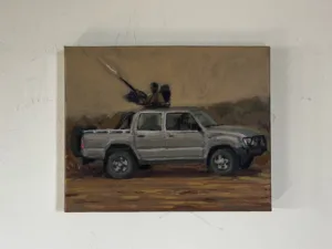 Toyota Hilux War — painting; of a single figure; in acrylic on canvas; black, brown, gray and orange tones — detail 1 of 3, close-up of surface texture