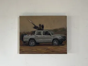 Toyota Hilux War — painting; of a single figure; in acrylic on canvas; black, brown, gray and orange tones — detail 2 of 3, close-up of surface texture
