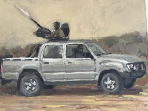 Toyota Hilux War — painting; of a single figure; in acrylic on canvas; black, brown, gray and orange tones — detail 3 of 3, close-up of surface texture