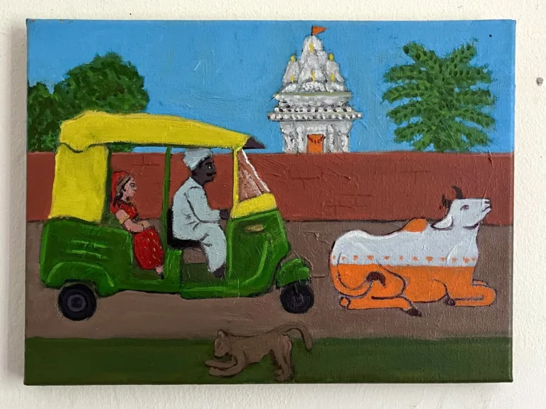 Traffic Jam In India — painting; of a group of figures; in oil on canvas; red, orange, yellow, green, blue and brown tones