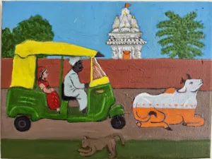 Traffic Jam In India — painting; of a group of figures; in oil on canvas; red, orange, yellow, green, blue and brown tones — detail, close-up of surface texture