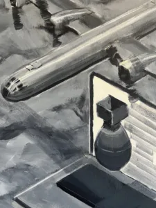 Trinity Airplane Computer Atom Bomb — painting; of an object; in acrylic on canvas; black, gray, white and monochrome tones — detail 1 of 2, close-up of surface texture