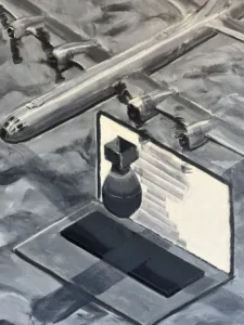 Trinity Airplane Computer Atom Bomb — painting; of an object; in acrylic on canvas; black, gray, white and monochrome tones — detail 2 of 2, close-up of surface texture