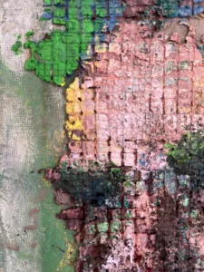 Untitled (Tactile Grid Portrait Male With Green Hair) — painting; in acrylic on canvas; pink and brown tones — detail 1 of 2, close-up of surface texture