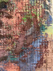 Untitled (Tactile Grid Portrait Male With Green Hair) — painting; in acrylic on canvas; pink and brown tones — detail 2 of 2, close-up of surface texture