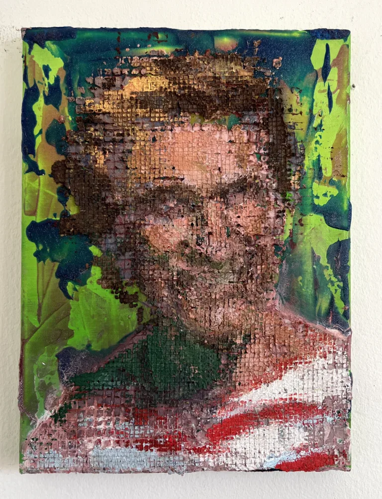 Untitled (Tactile Grid Portrait Of Kirk Douglas) — painting; in oil on canvas; red, green, blue, pink and brown tones