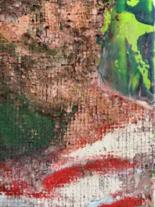 Untitled (Tactile Grid Portrait Of Kirk Douglas) — painting; in oil on canvas; red, green, blue, pink and brown tones — detail 1 of 3, close-up of surface texture