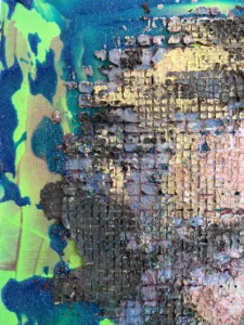 Untitled (Tactile Grid Portrait Of Kirk Douglas) — painting; in oil on canvas; red, green, blue, pink and brown tones — detail 2 of 3, close-up of surface texture