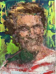 Untitled (Tactile Grid Portrait Of Kirk Douglas) — painting; in oil on canvas; red, green, blue, pink and brown tones — detail 3 of 3, close-up of surface texture