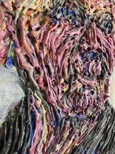 Untitled Tactile Squeeze Portrait Of Old Woman — painting; built up in heavy, tactile impasto; in oil on canvas — detail 1 of 3, close-up of surface texture