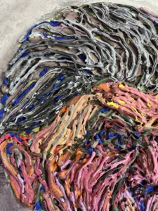 Untitled Tactile Squeeze Portrait Of Old Woman — painting; built up in heavy, tactile impasto; in oil on canvas — detail 2 of 3, close-up of surface texture
