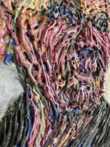 Untitled Tactile Squeeze Portrait Of Old Woman — painting; built up in heavy, tactile impasto; in oil on canvas — detail 3 of 3, close-up of surface texture