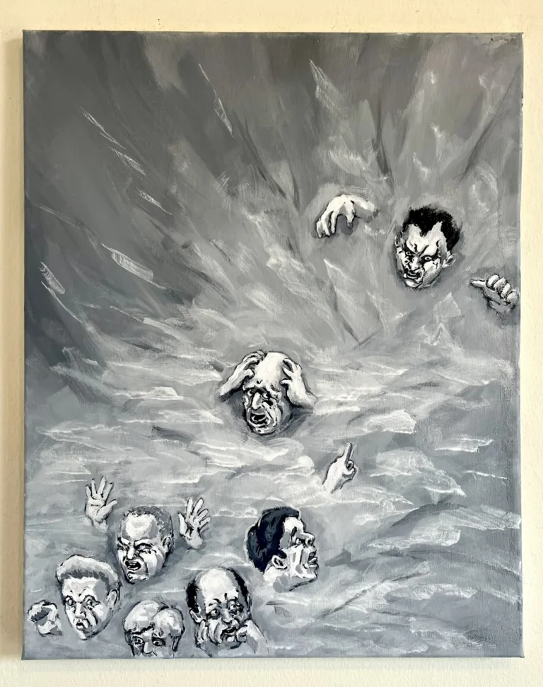 Vampire Hunter In Grayscale — painting; of a group of figures; in acrylic on canvas; monochrome tones