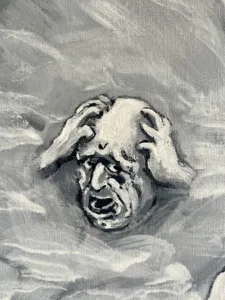 Vampire Hunter In Grayscale — painting; of a group of figures; in acrylic on canvas; monochrome tones — detail, close-up of surface texture