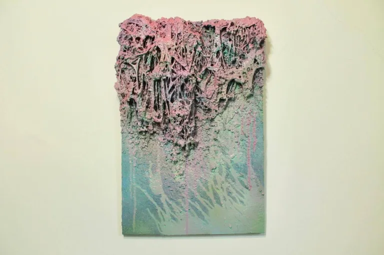 Wetwareping — painting; built up in heavy, tactile impasto; in spray paint; yellow, green and blue tones