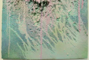 Wetwareping — painting; built up in heavy, tactile impasto; in spray paint; yellow, green and blue tones — detail 1 of 2, close-up of surface texture