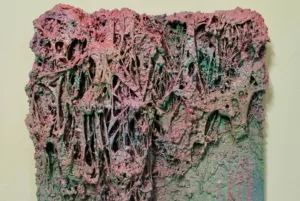 Wetwareping — painting; built up in heavy, tactile impasto; in spray paint; yellow, green and blue tones — detail 2 of 2, close-up of surface texture