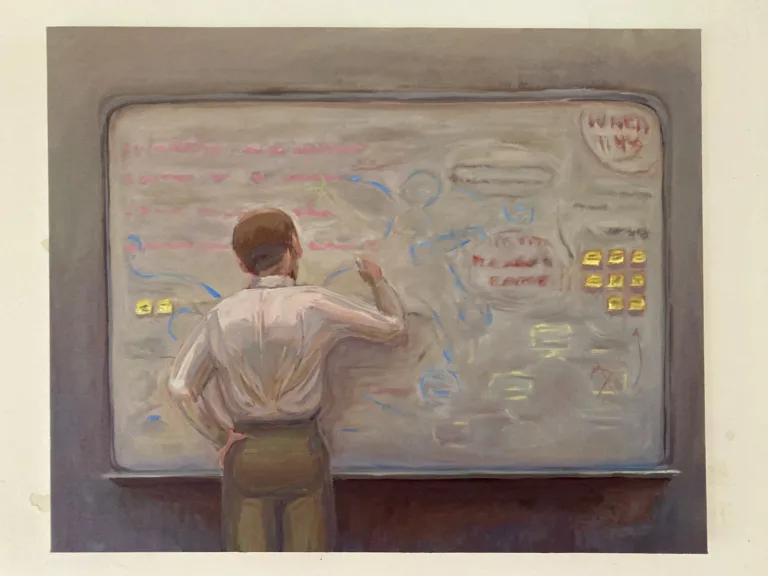 Whiteboarding — painting; of a single figure; in oil on canvas; brown and gray tones