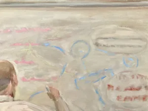 Whiteboarding — painting; of a single figure; in oil on canvas; brown and gray tones — detail, close-up of surface texture