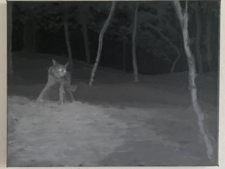 Yardcam Landscape Grayscale With Coyote — painting; in oil on canvas; black and monochrome tones