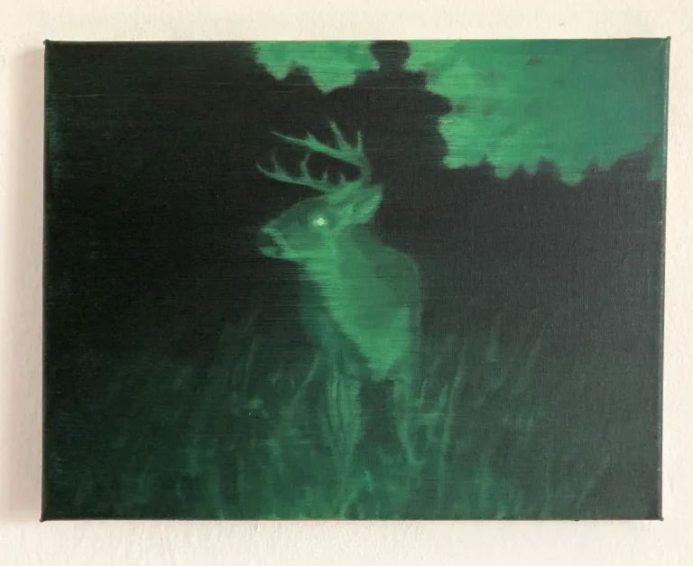 Yardcam Landscape Green Night Vision With Deer — painting; in oil on canvas; black tones