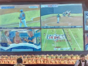 Acrylic painting of a dim sports bar with six glowing TV screens above a liquor shelf and three patrons at the counter. — detail 1 of 2, close-up of surface texture
