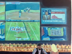 Acrylic painting of a dim sports bar with six glowing TV screens above a liquor shelf and three patrons at the counter. — detail 2 of 2, close-up of surface texture