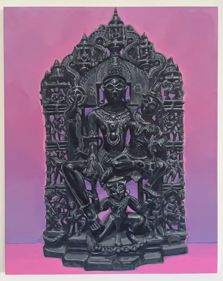 Acrylic painting of a black stone Vishnu and Lakshmi stele with Garuda kneeling below, set against a pink-purple gradient