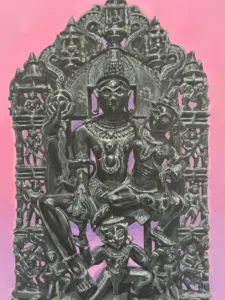 Acrylic painting of a black stone Vishnu and Lakshmi stele with Garuda kneeling below, set against a pink-purple gradient — detail, close-up of surface texture